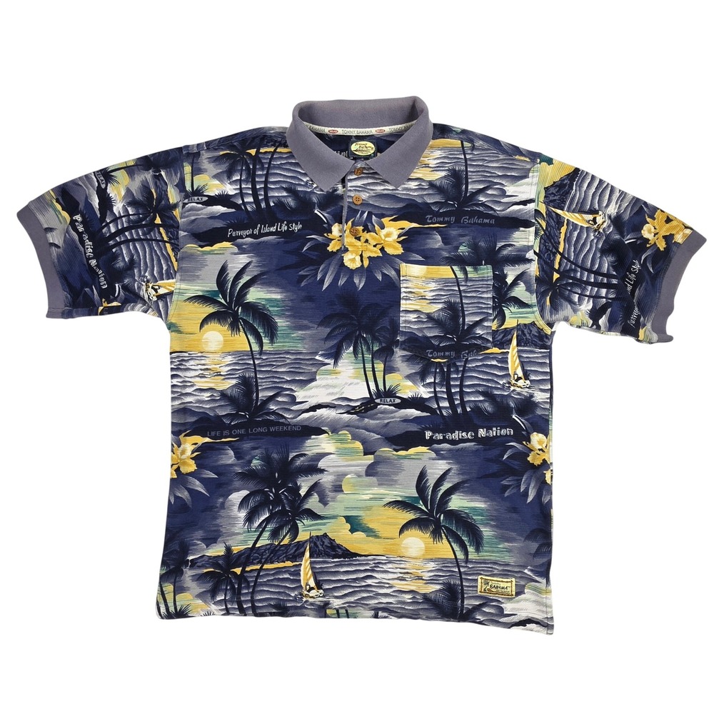 Tommy Bahama Paradise Nation Polo Shirt Mens M Blue Tropical Palm Tree Textured